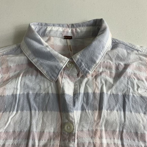 Free People Pastel Blue Pink Plaid Raw Hem Button Down Loveland Shirt Size Small - Picture 6 of 10